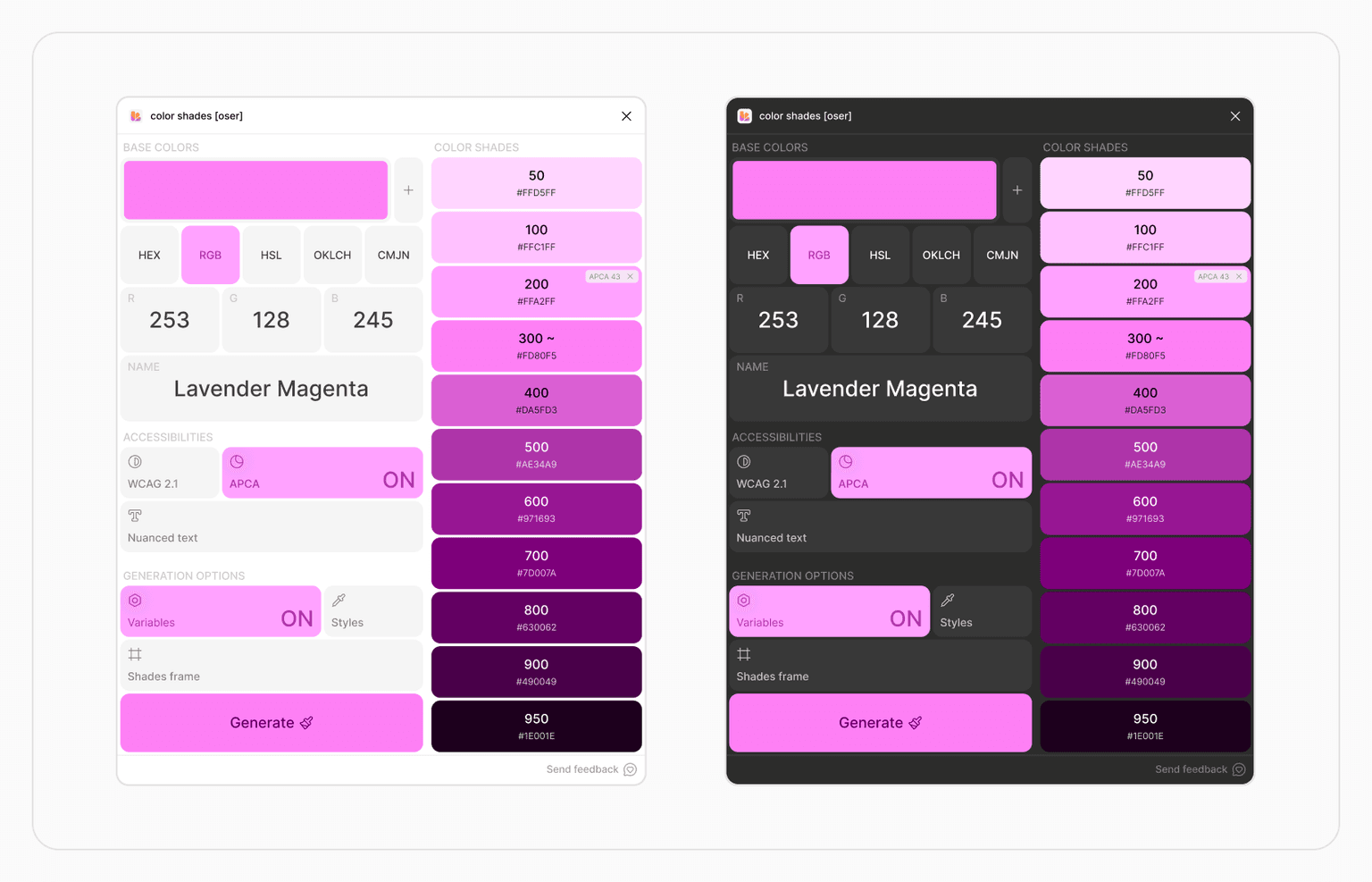 interface du plugin color shades